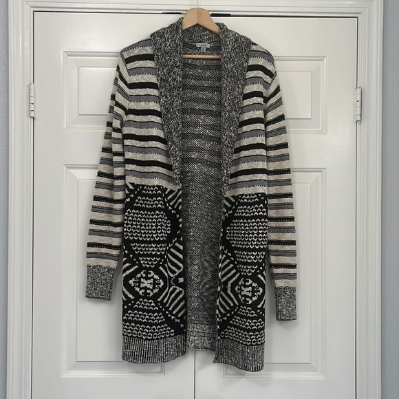 ECOTE Open Front Cardigan Black, Cream & Grey Patterned Size M - Picture 4 of 15